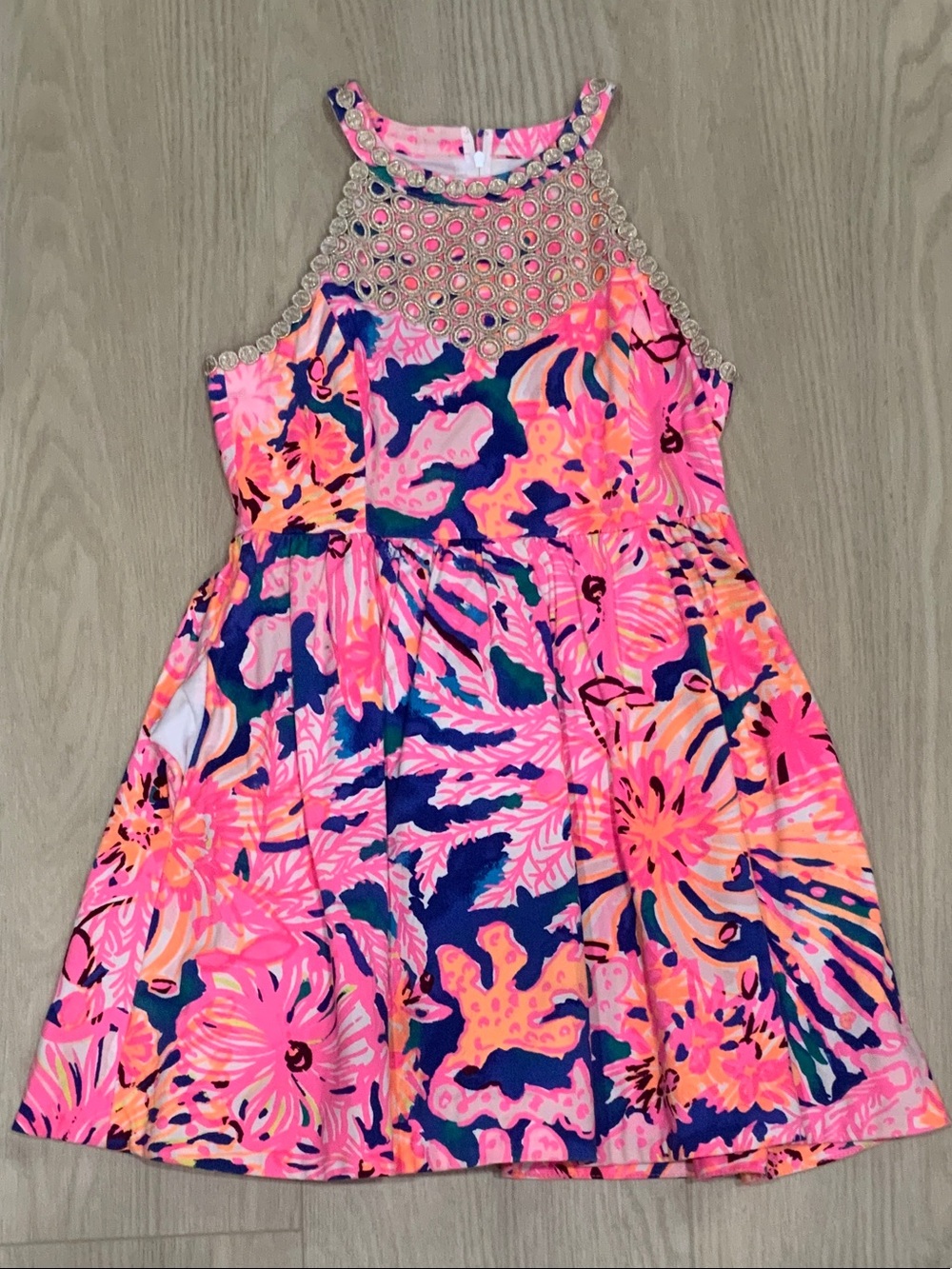 Girls' Lilly Pulitzer Pink Floral Halter Dress with Embellished Neckline